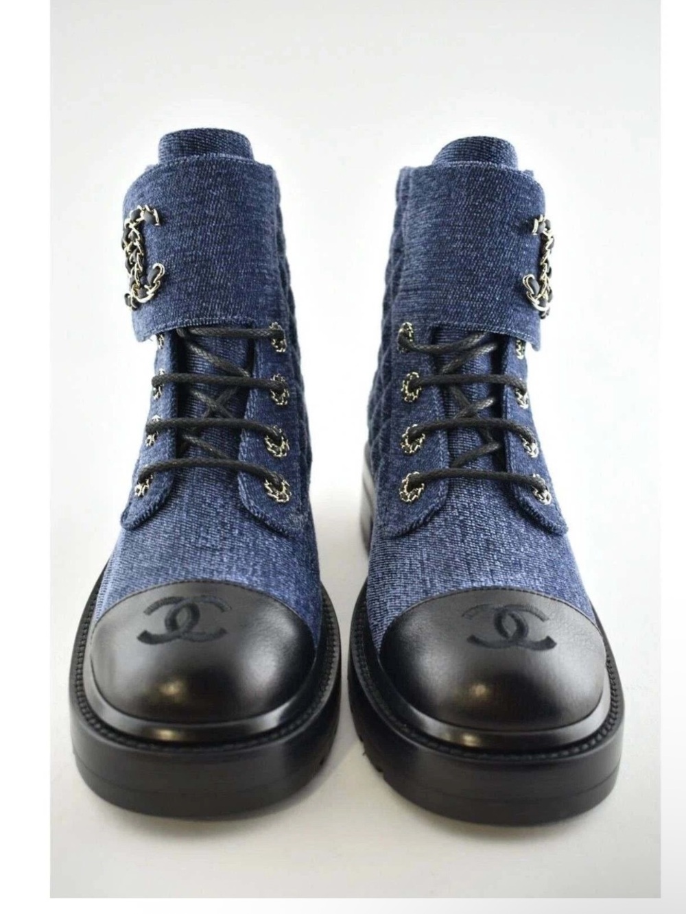 Chanel Calfskin Denim Velvet Quilted Lace-Up Combat Boots